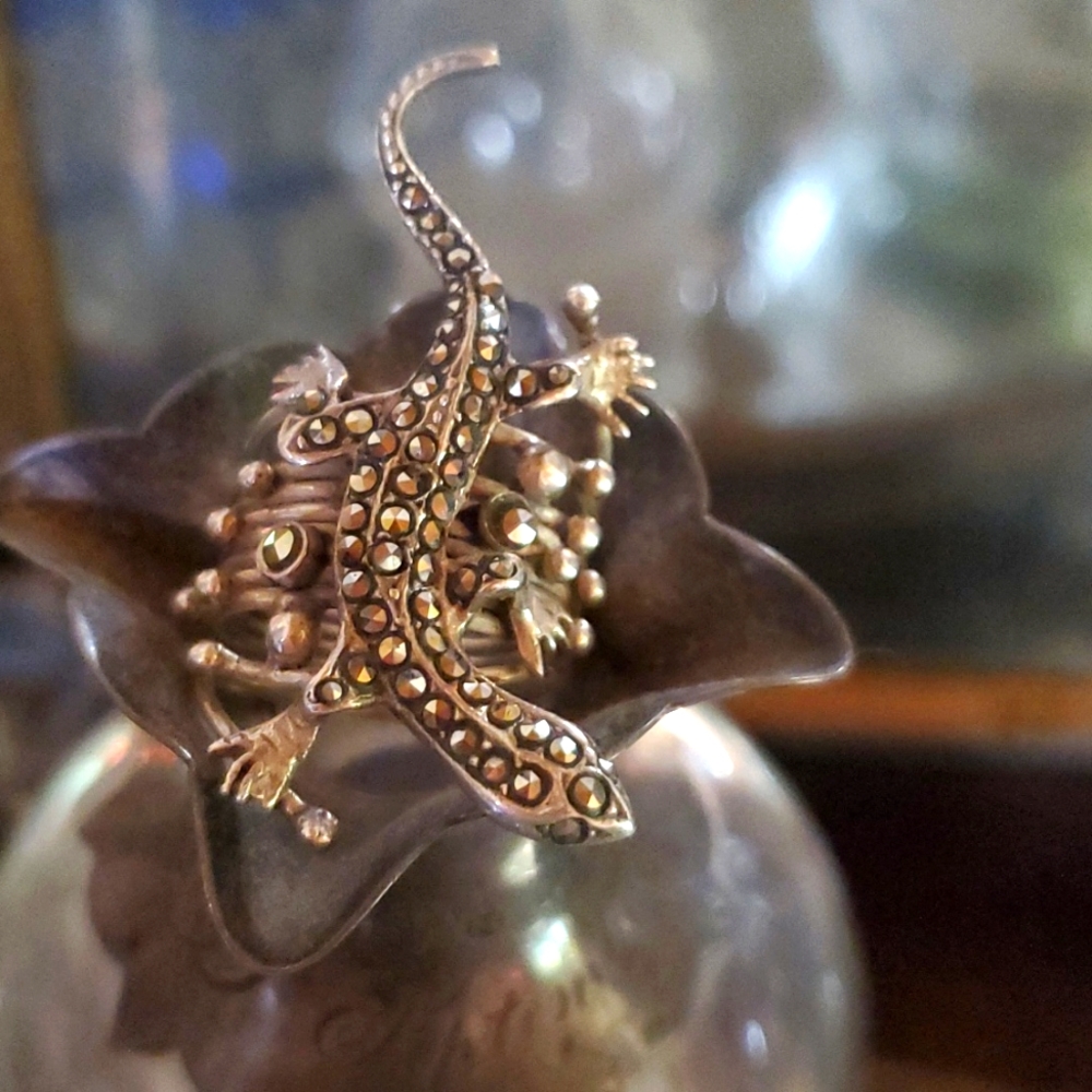 VINTAGE STERLING SILVER MARCASITE GECKO RING... - Picture 5 of 10